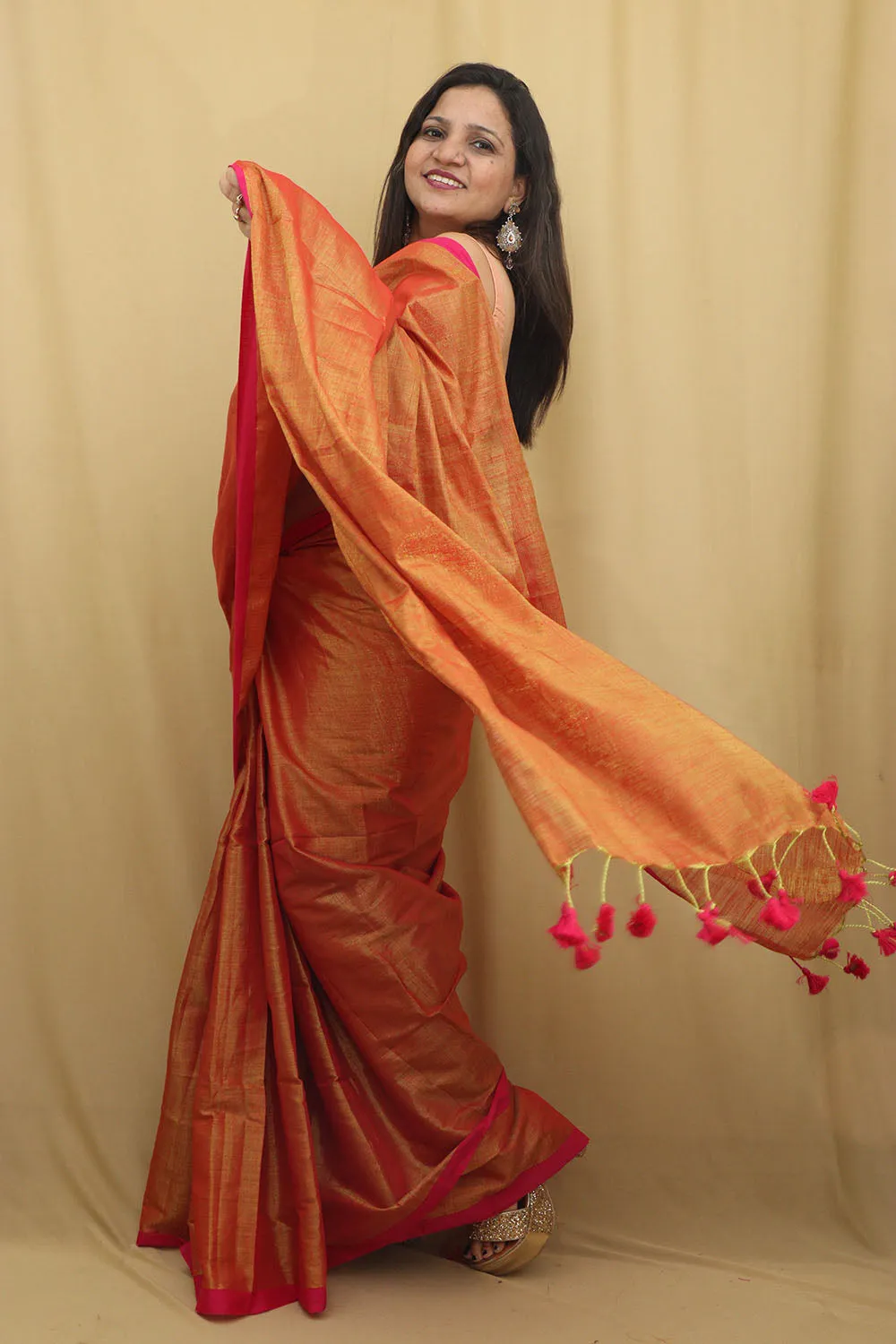 1 Min Ready To Wear - Golden Bengal Plain Tissue Cotton Saree