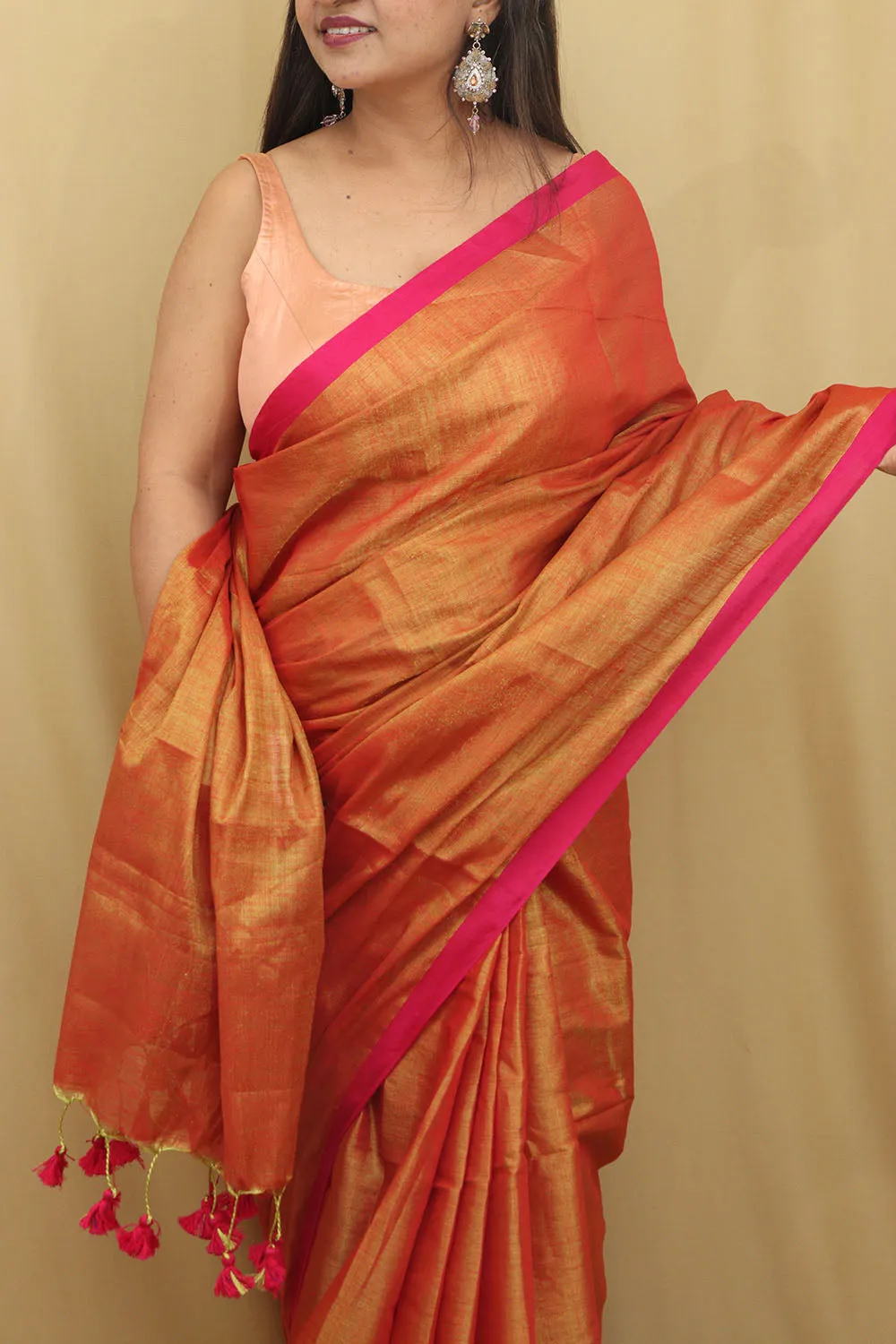 1 Min Ready To Wear - Golden Bengal Plain Tissue Cotton Saree