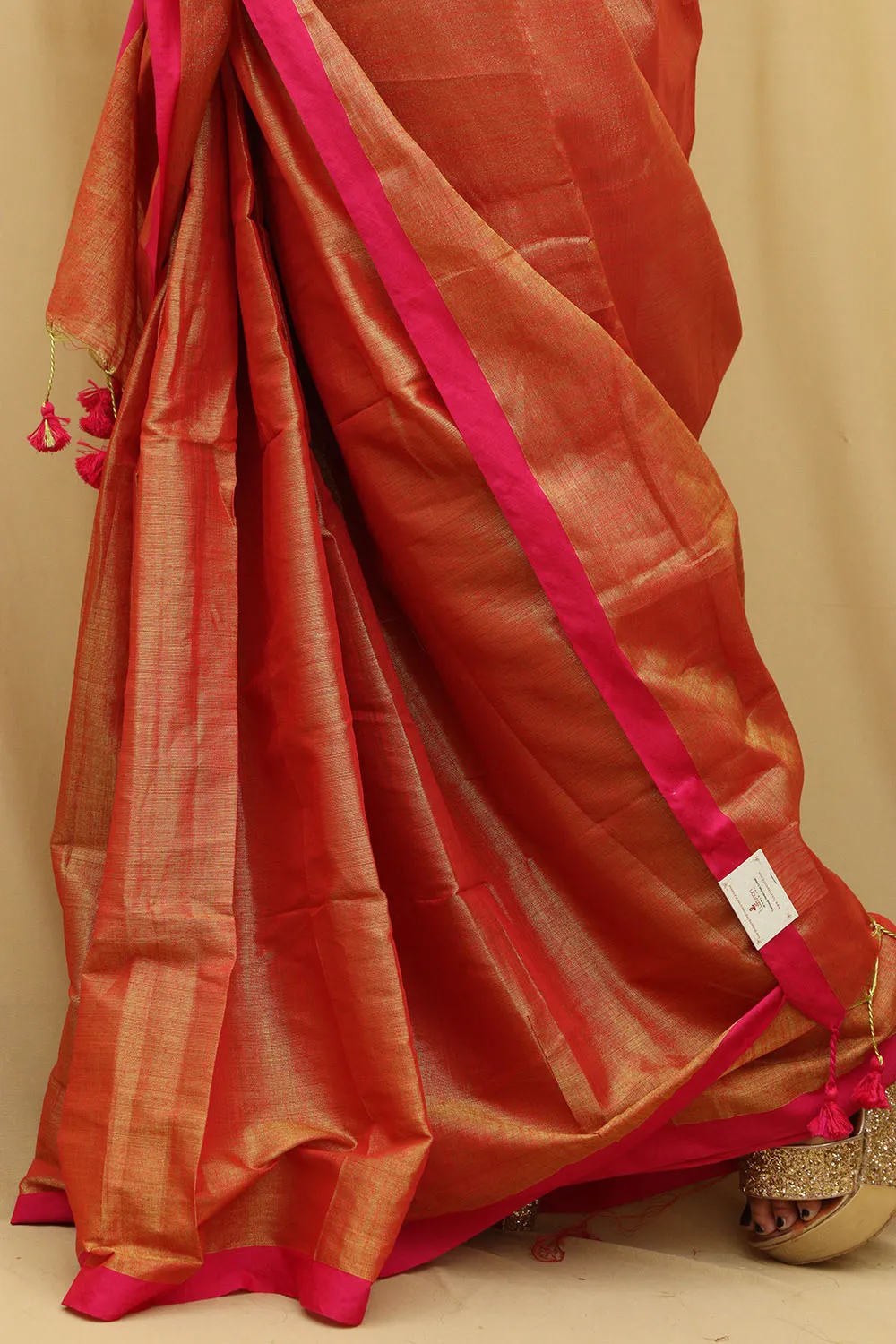 1 Min Ready To Wear - Golden Bengal Plain Tissue Cotton Saree