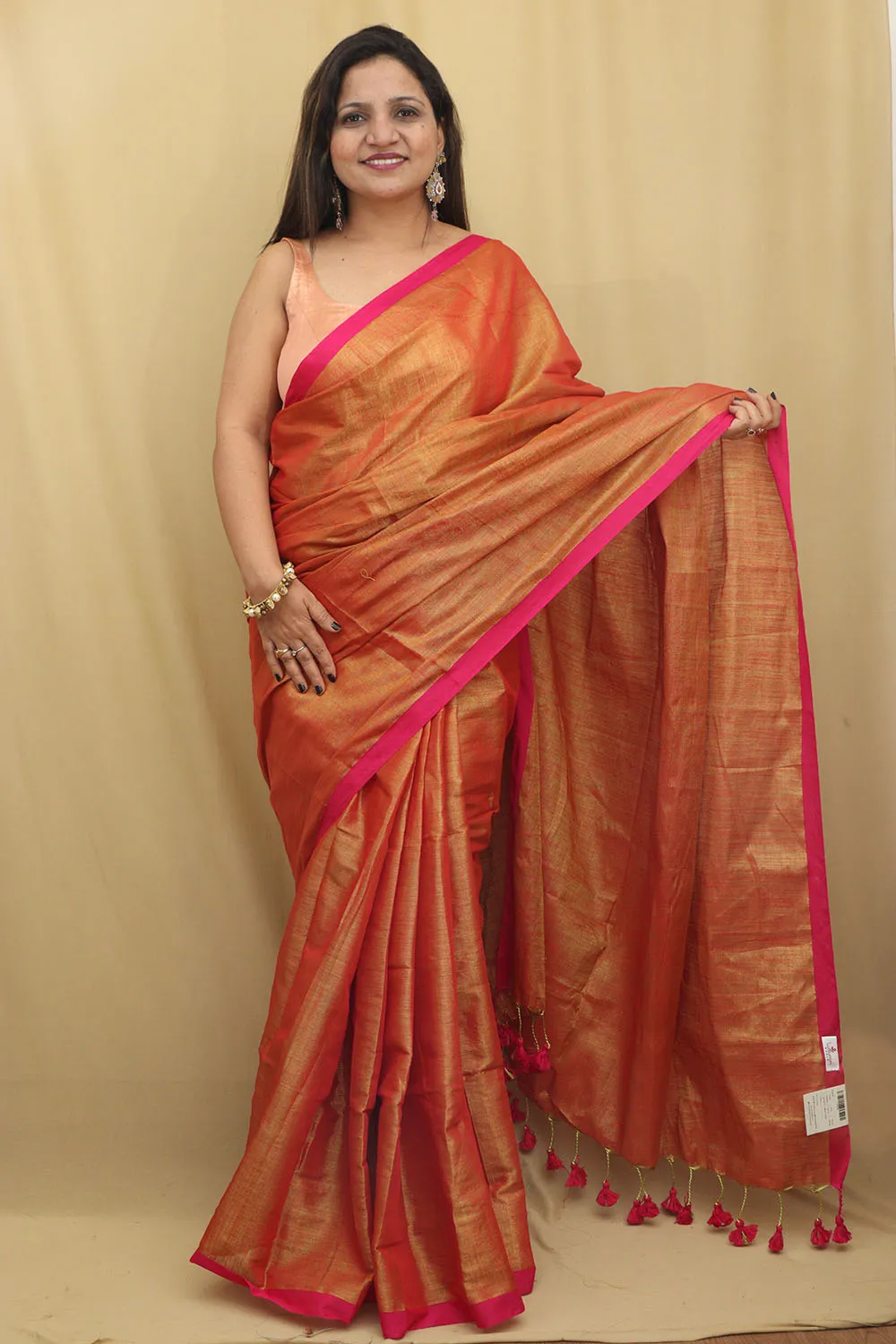 1 Min Ready To Wear - Golden Bengal Plain Tissue Cotton Saree