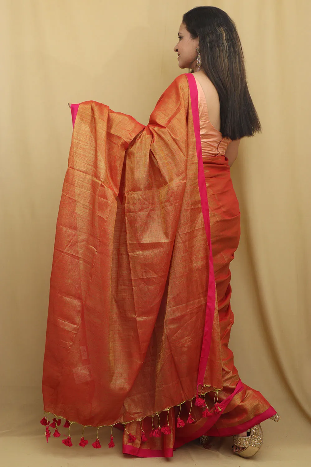 1 Min Ready To Wear - Golden Bengal Plain Tissue Cotton Saree