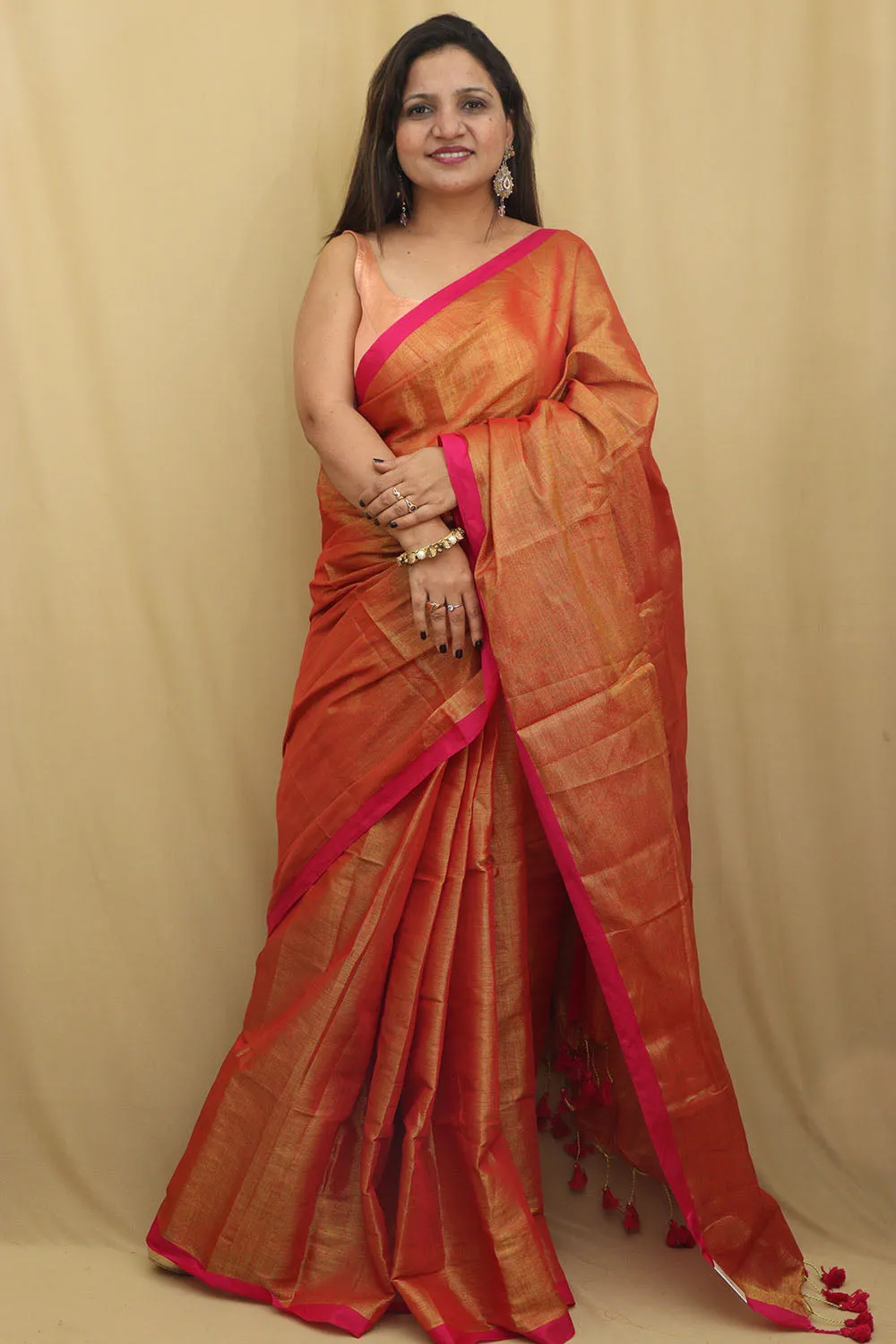 1 Min Ready To Wear - Golden Bengal Plain Tissue Cotton Saree