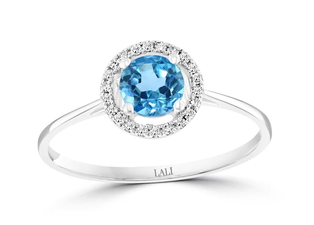 14K White Gold 0.66ctw Round Blue Topaz & Diamond Halo Ring