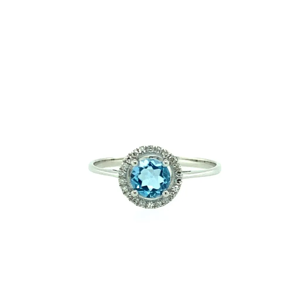 14K White Gold 0.66ctw Round Blue Topaz & Diamond Halo Ring