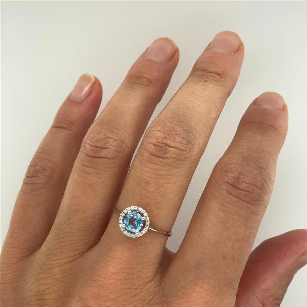 14K White Gold 0.66ctw Round Blue Topaz & Diamond Halo Ring