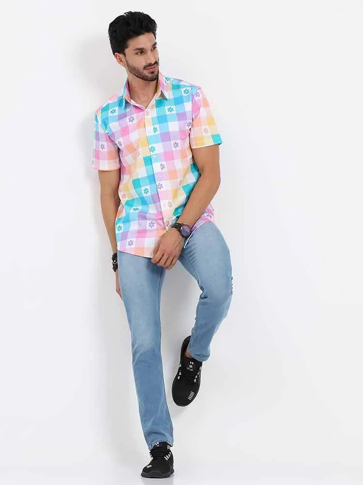 Abstract Rainbow Checks Cotton Half Sleeve Shirt