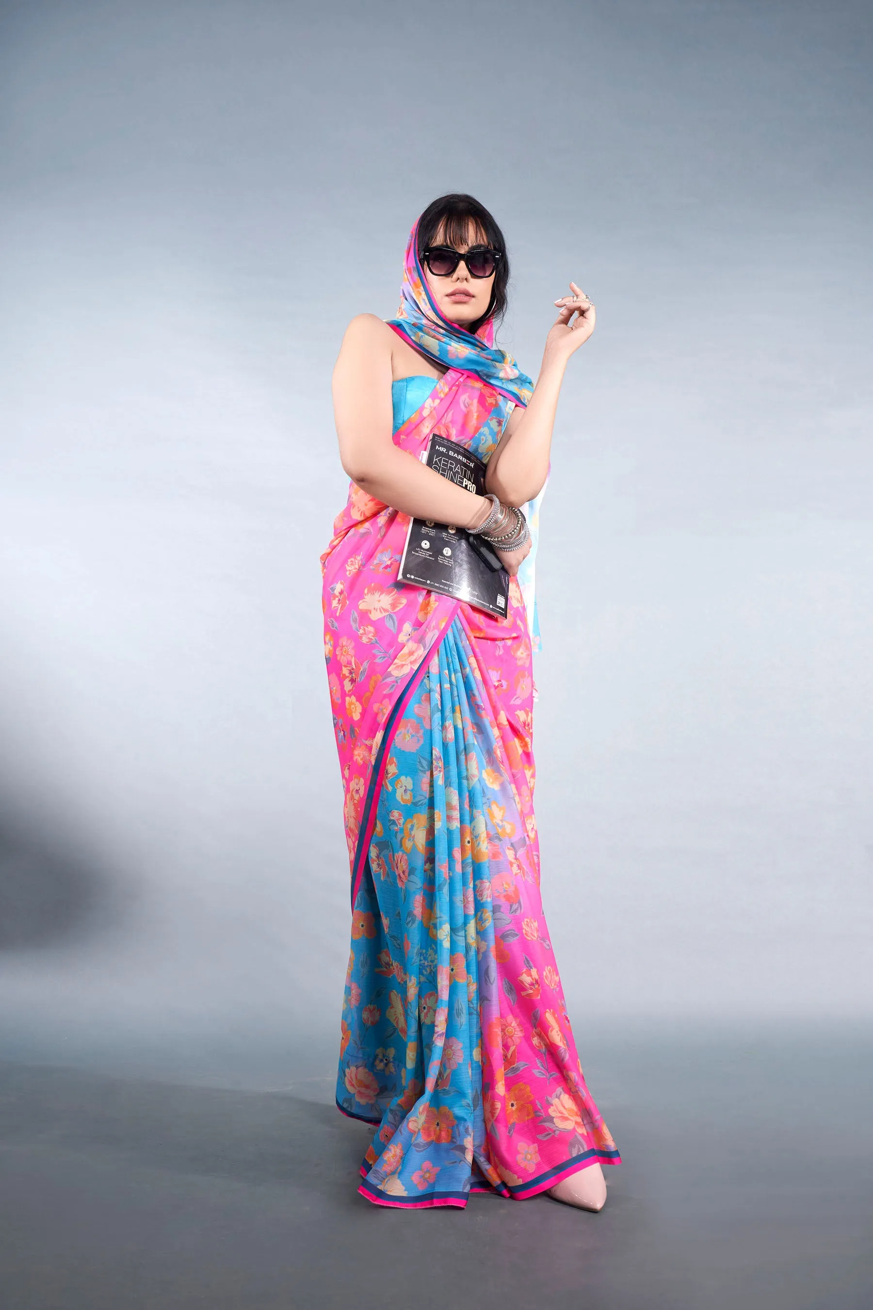 Airy Blue Floral Printed Chiffon Saree With Latkan