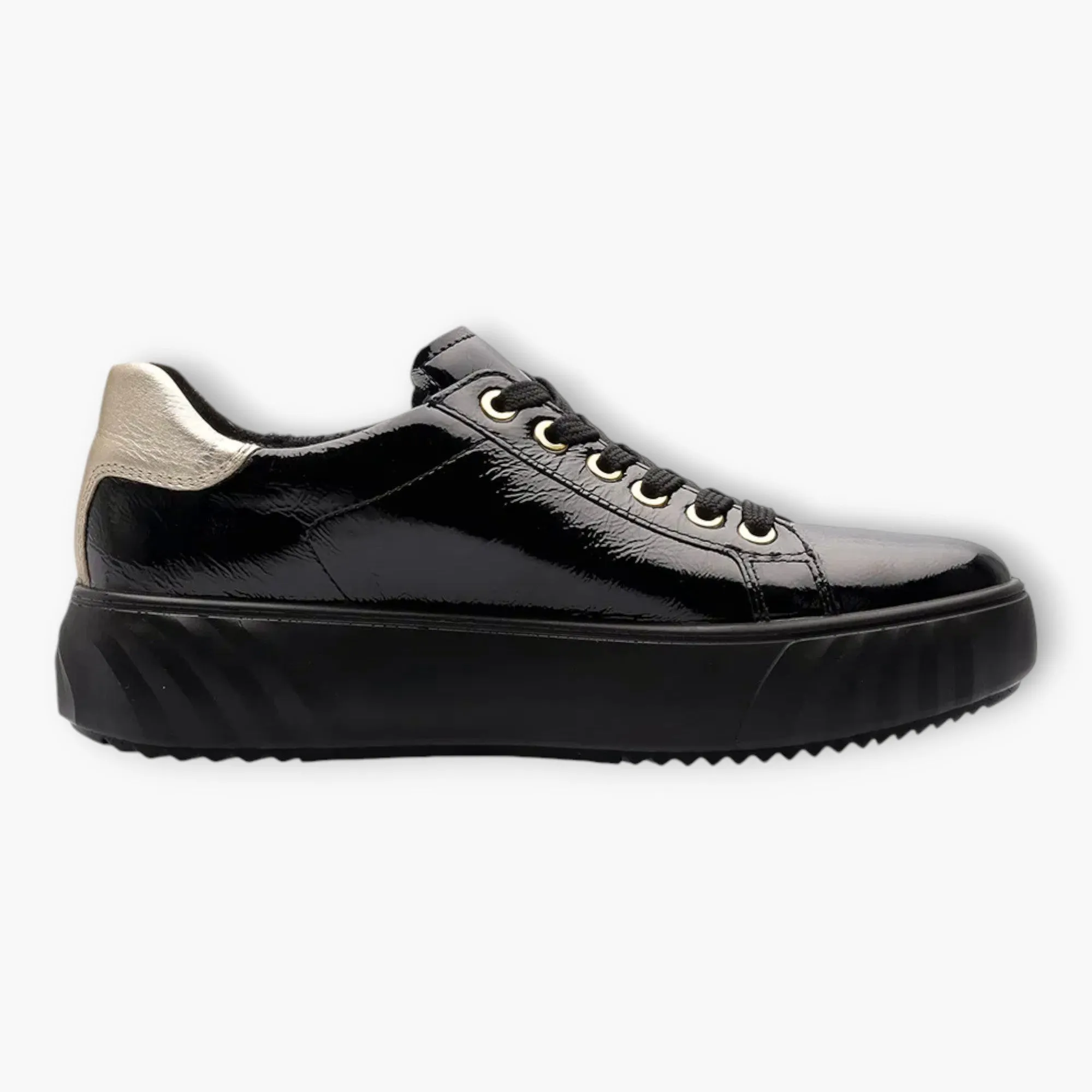 Ara Wide Fit Black Patent Trainer with Gold Heel Detail