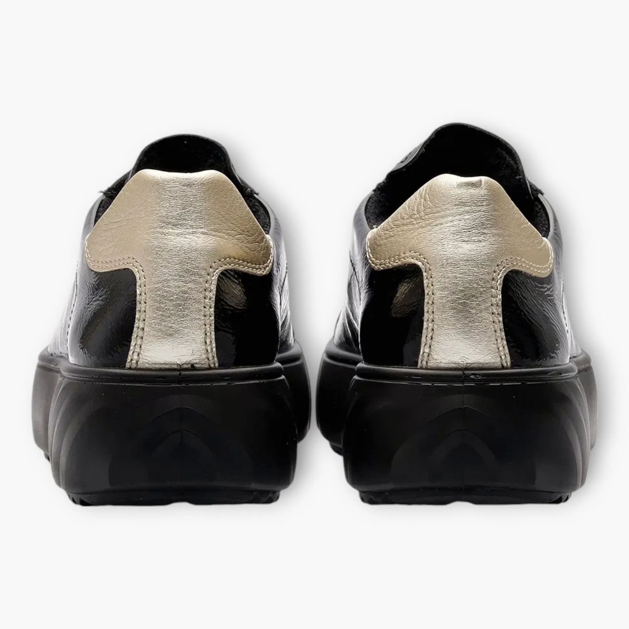 Ara Wide Fit Black Patent Trainer with Gold Heel Detail