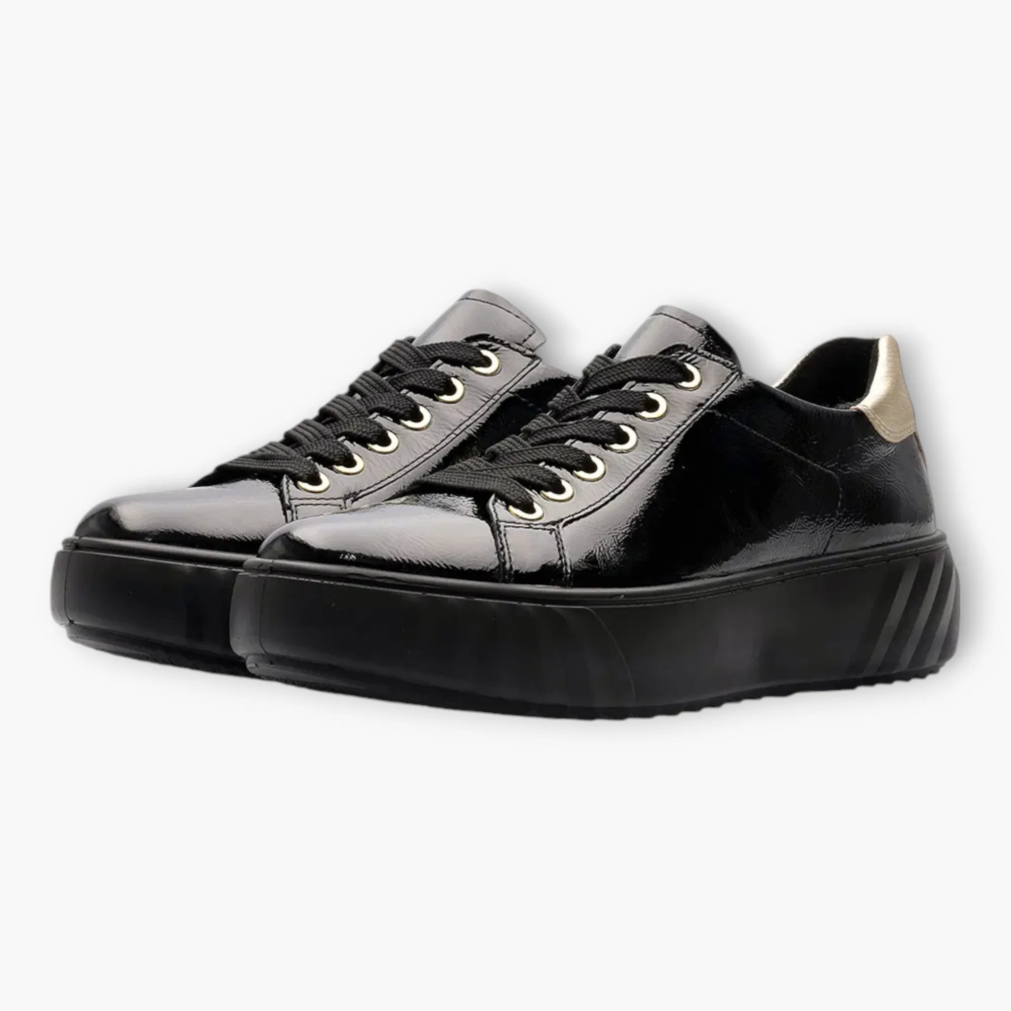 Ara Wide Fit Black Patent Trainer with Gold Heel Detail