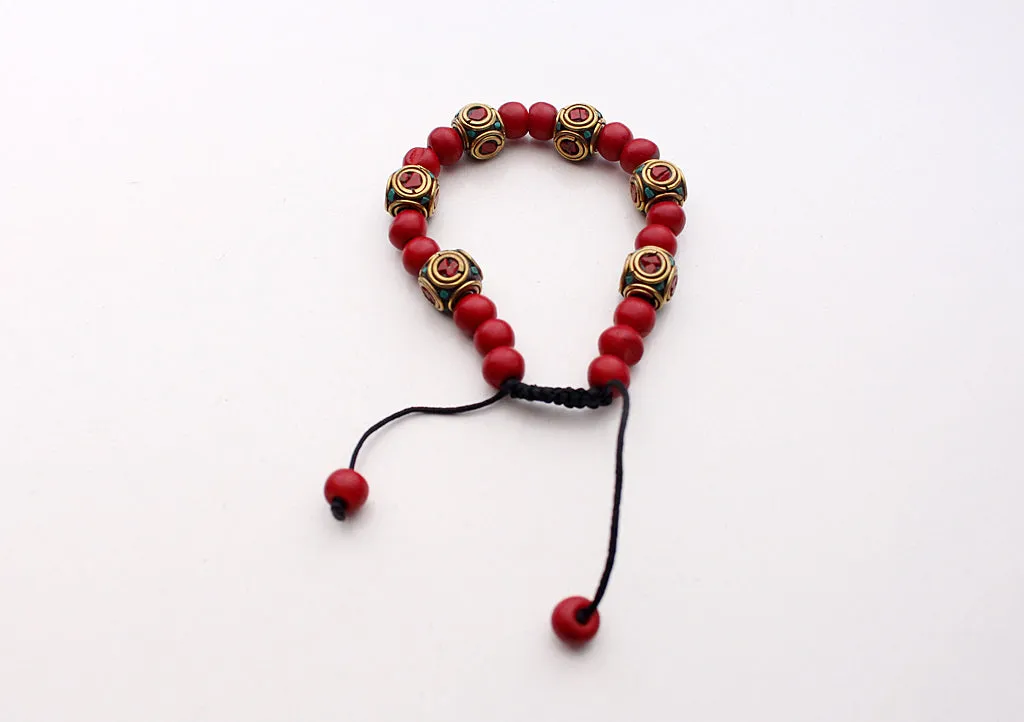 Attractive Dark Red Beads with Cube Tibetan Beads Unisex Bracelet