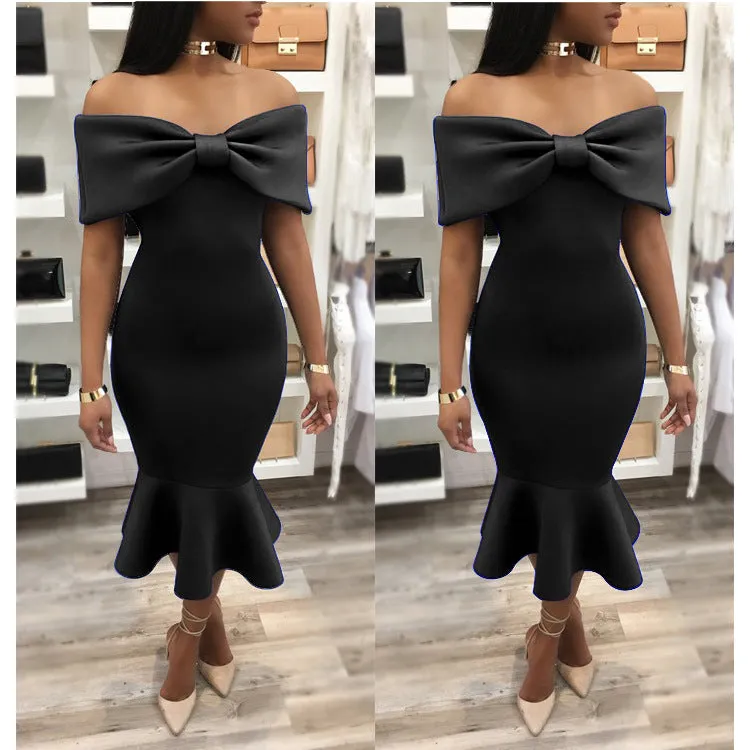 Big Bowknot Off Shoulder Short Sleeves Mermaid Tee-length Dress