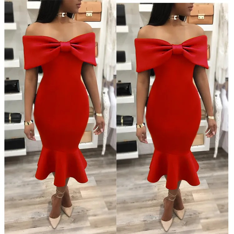 Big Bowknot Off Shoulder Short Sleeves Mermaid Tee-length Dress