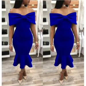 Big Bowknot Off Shoulder Short Sleeves Mermaid Tee-length Dress