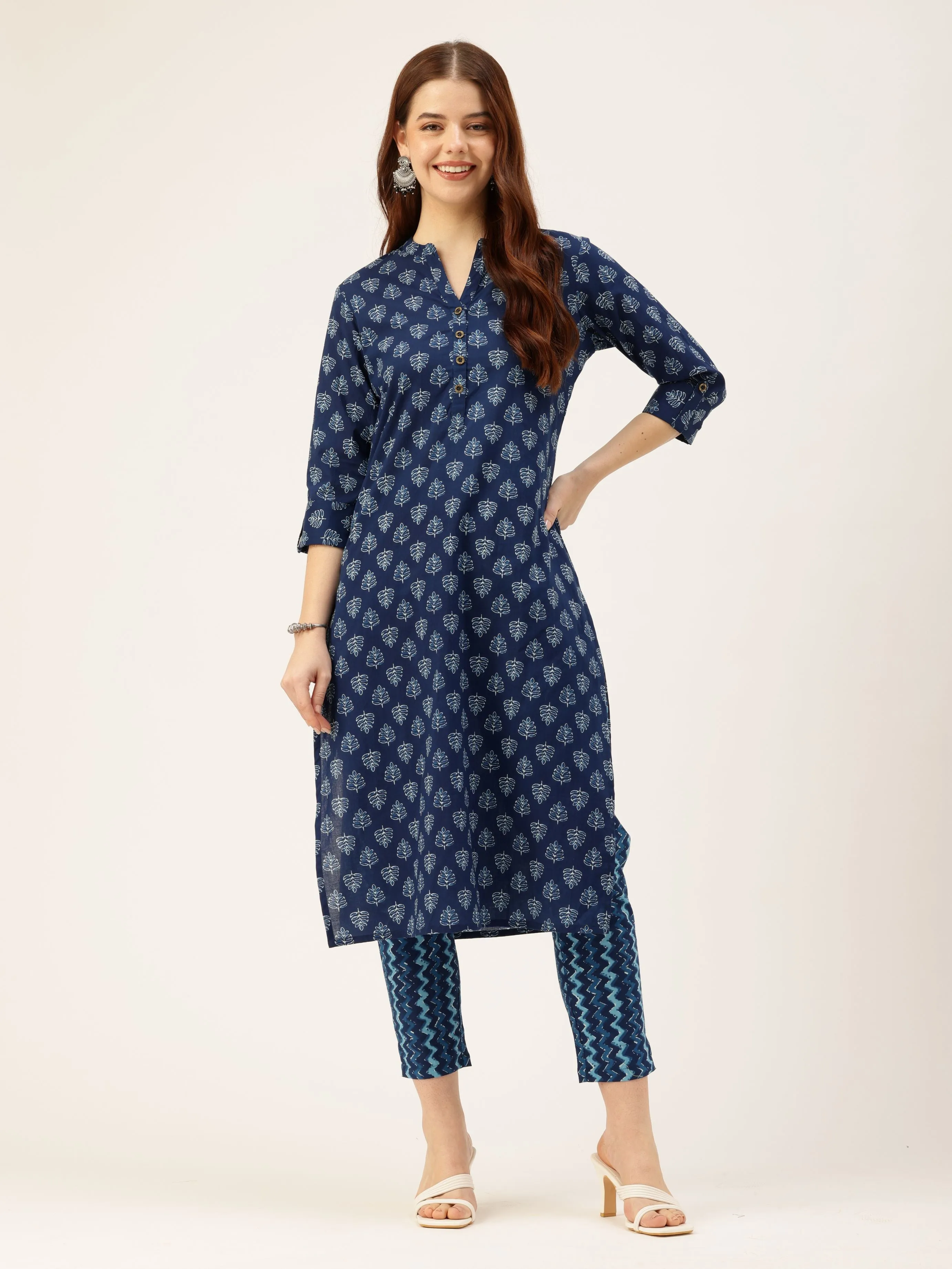 Blue Ethnic Motifs Printed Mandarin Collar Roll-Up Sleeves Kurta