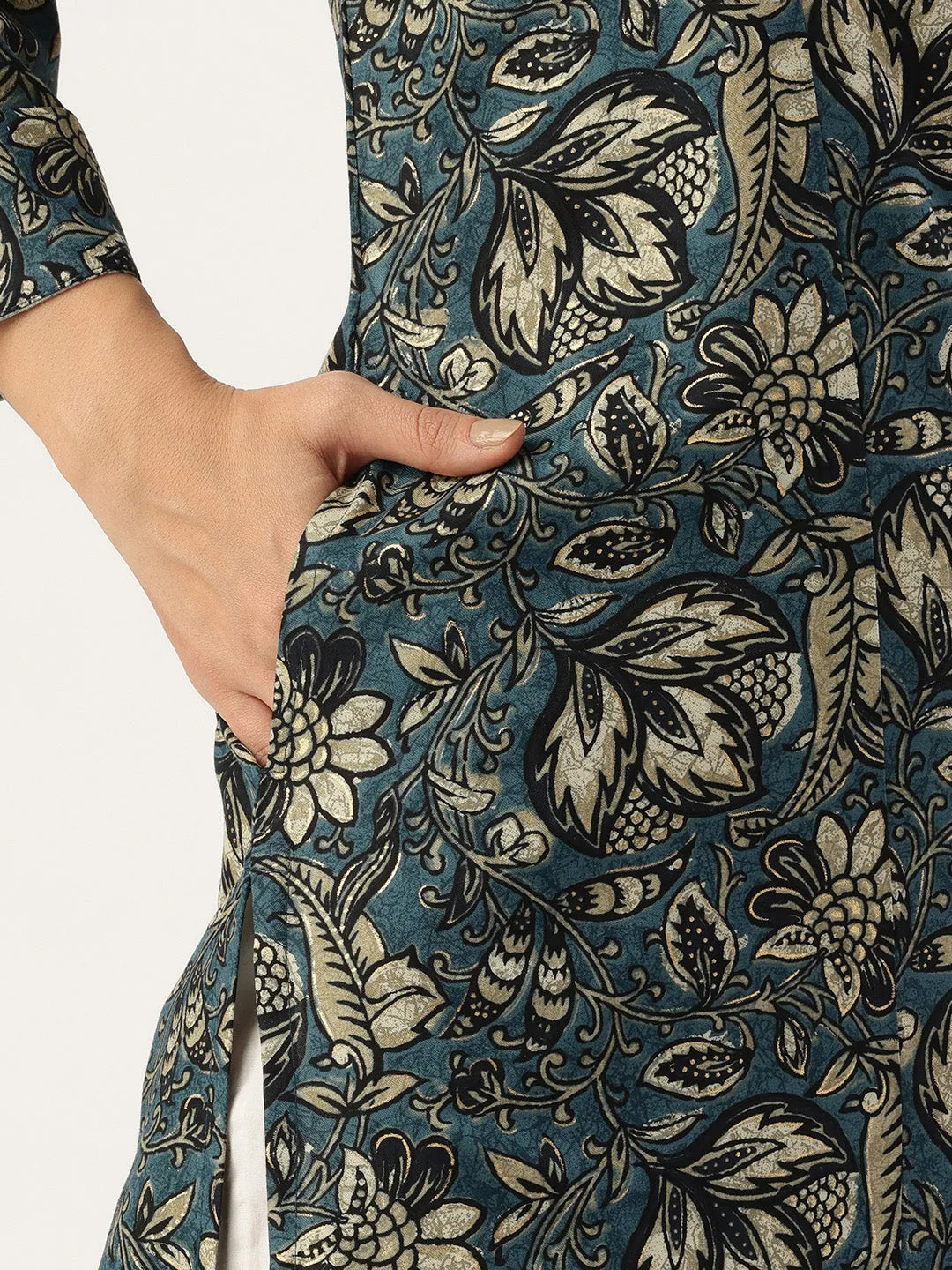 Blue Floral Printed A Line Kurta