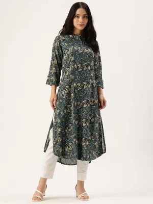 Blue Floral Printed A Line Kurta