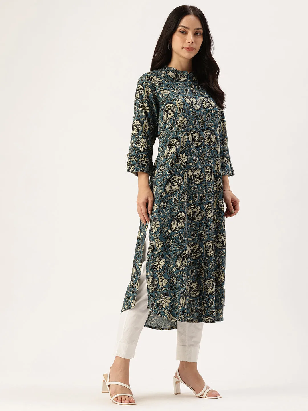 Blue Floral Printed A Line Kurta