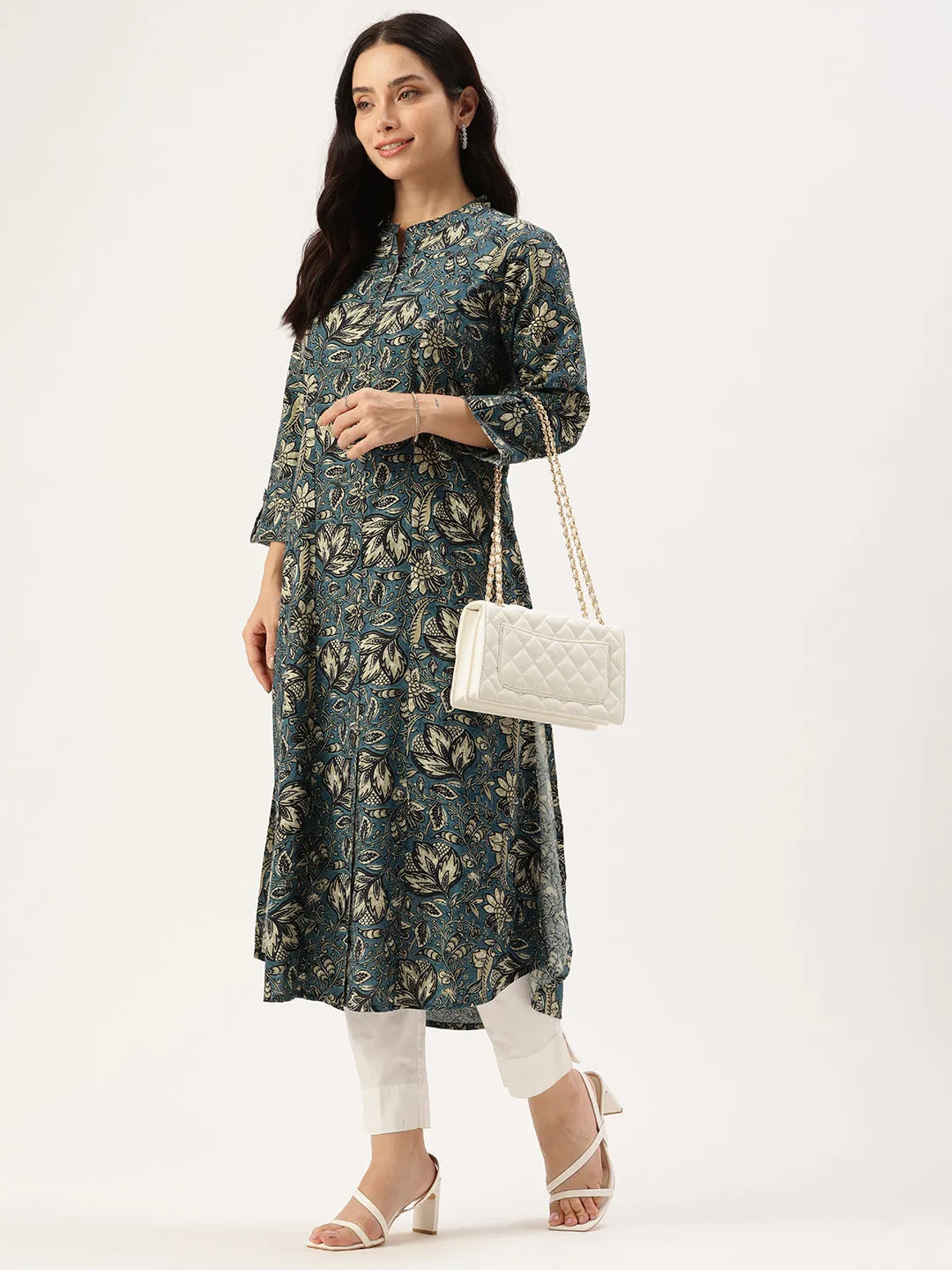 Blue Floral Printed A Line Kurta