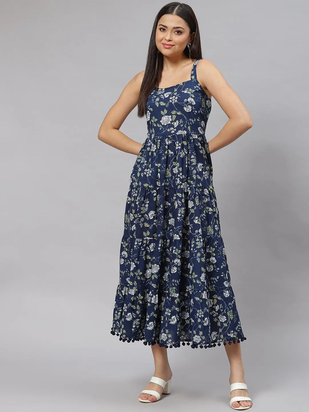 Blue Floral Shoulder Strip Long Dress