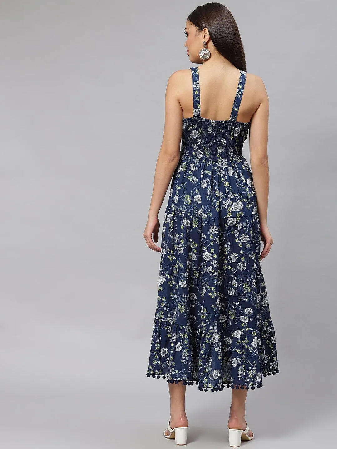 Blue Floral Shoulder Strip Long Dress