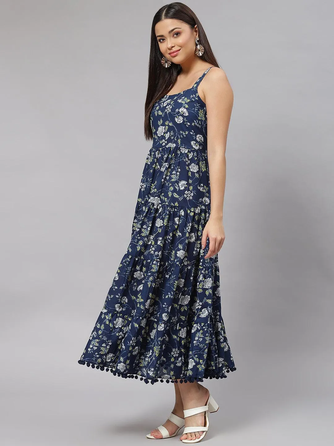 Blue Floral Shoulder Strip Long Dress