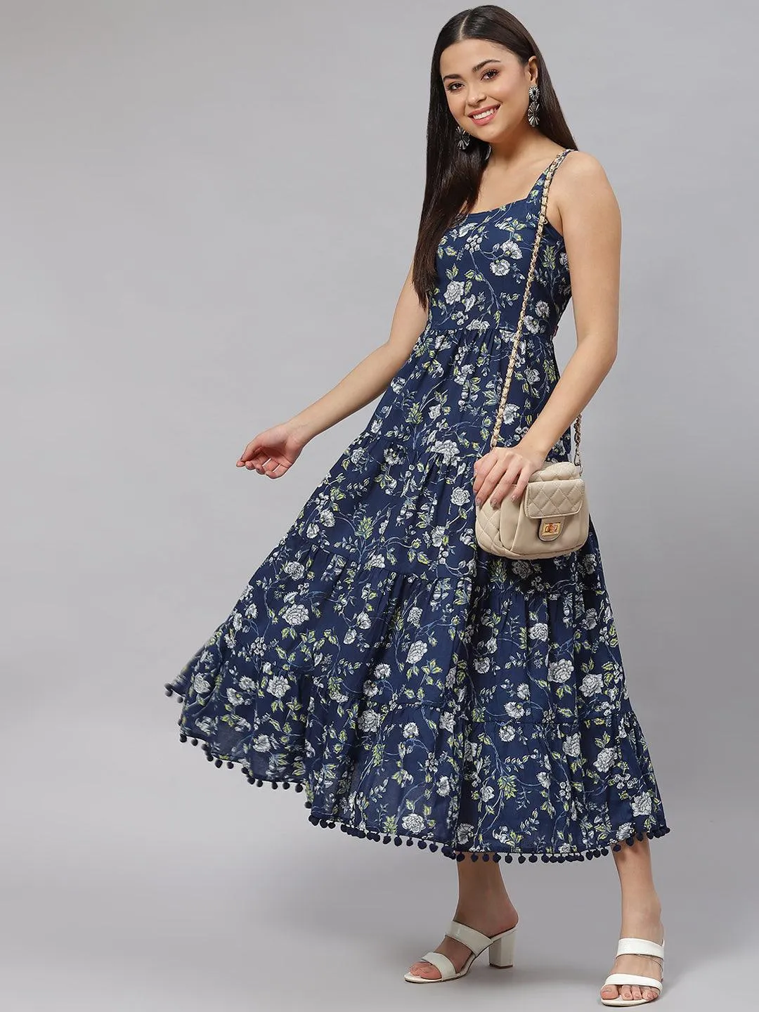 Blue Floral Shoulder Strip Long Dress