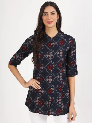 Blue Geometric Printed Rayon Top