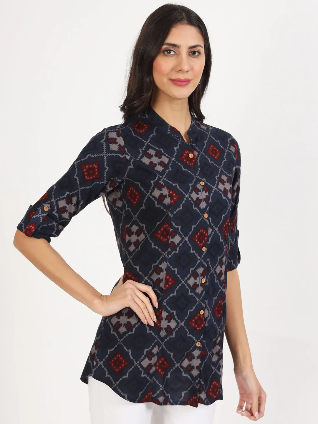 Blue Geometric Printed Rayon Top