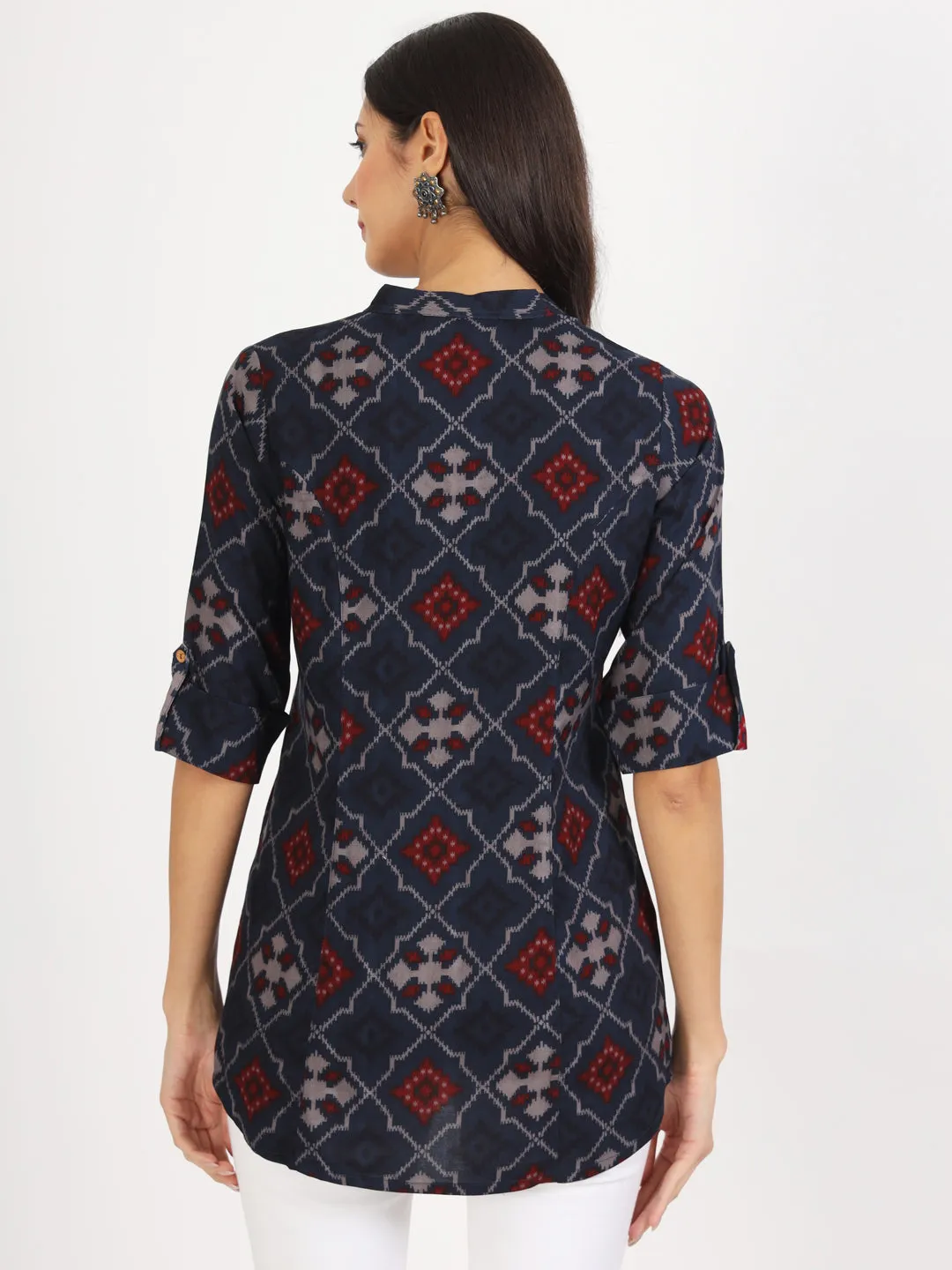 Blue Geometric Printed Rayon Top