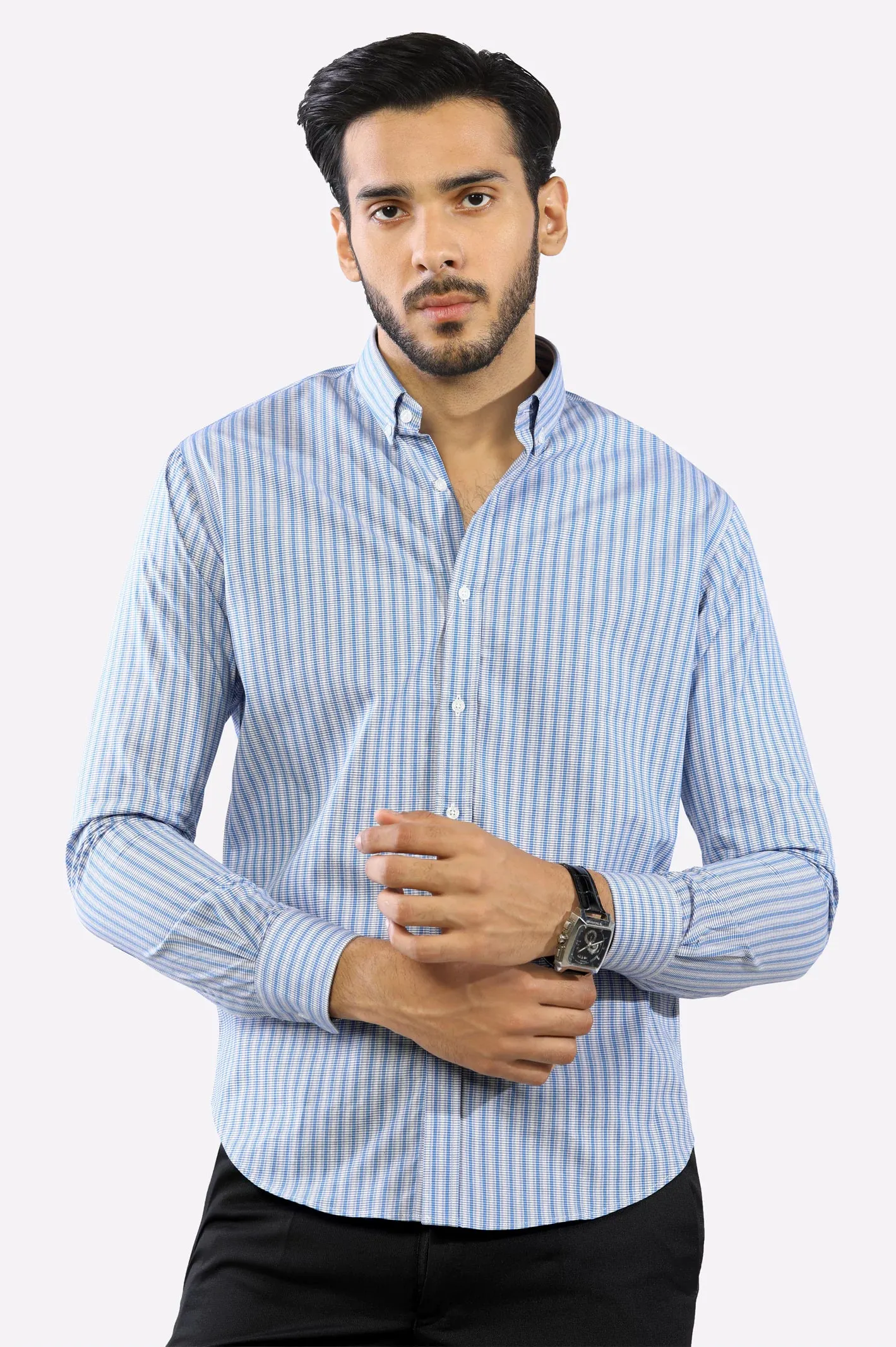 Blue Textured Stripe Casual Shirt