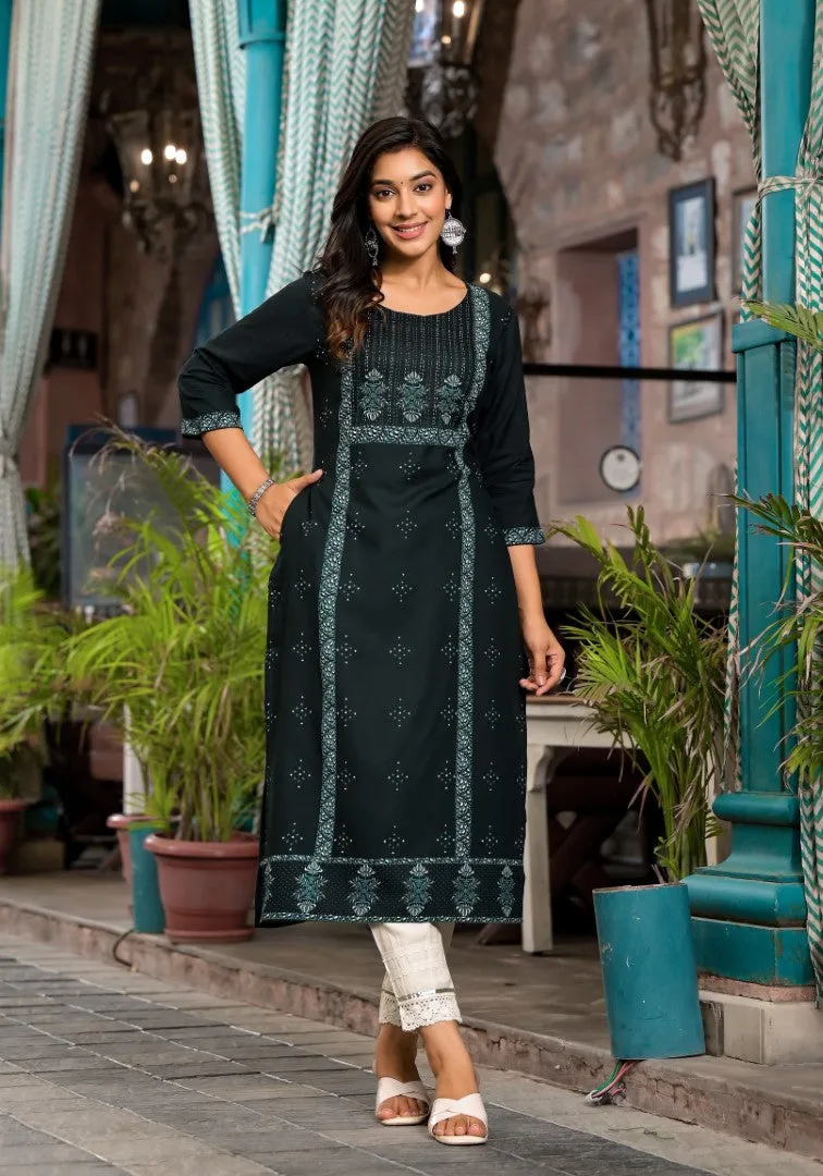 Bottle Green Ethnic Motif Printed Rayon Kurta With Straight Hemline For Women