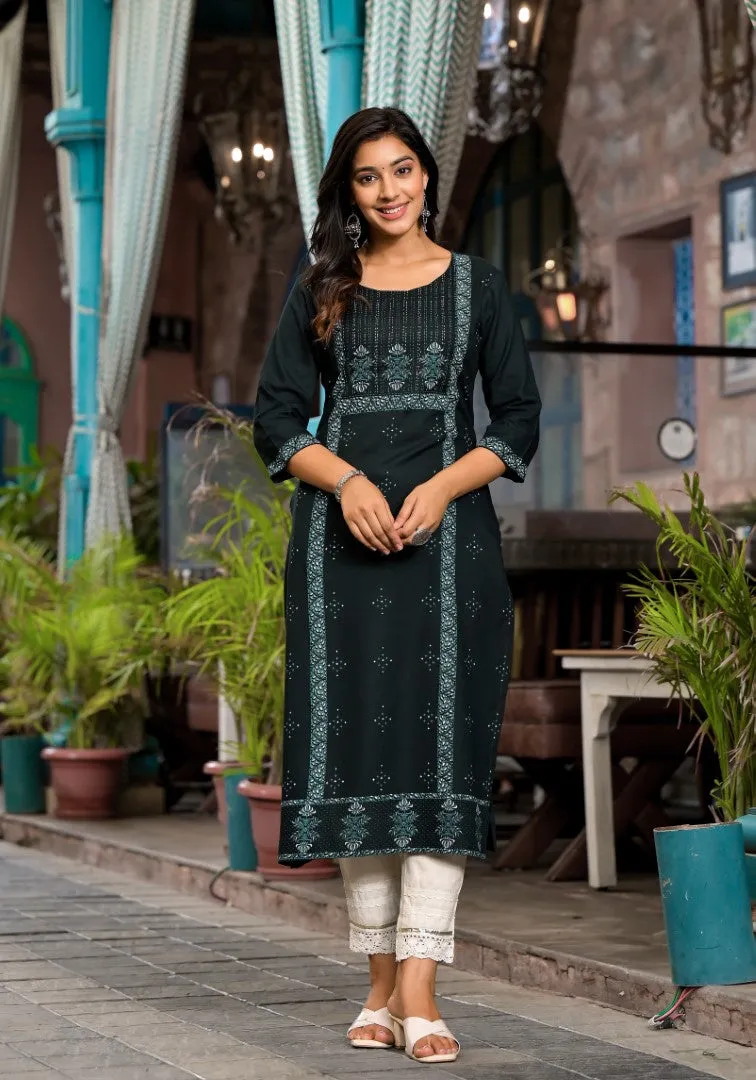 Bottle Green Ethnic Motif Printed Rayon Kurta With Straight Hemline For Women