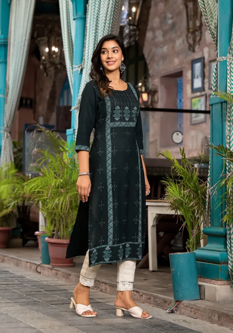 Bottle Green Ethnic Motif Printed Rayon Kurta With Straight Hemline For Women