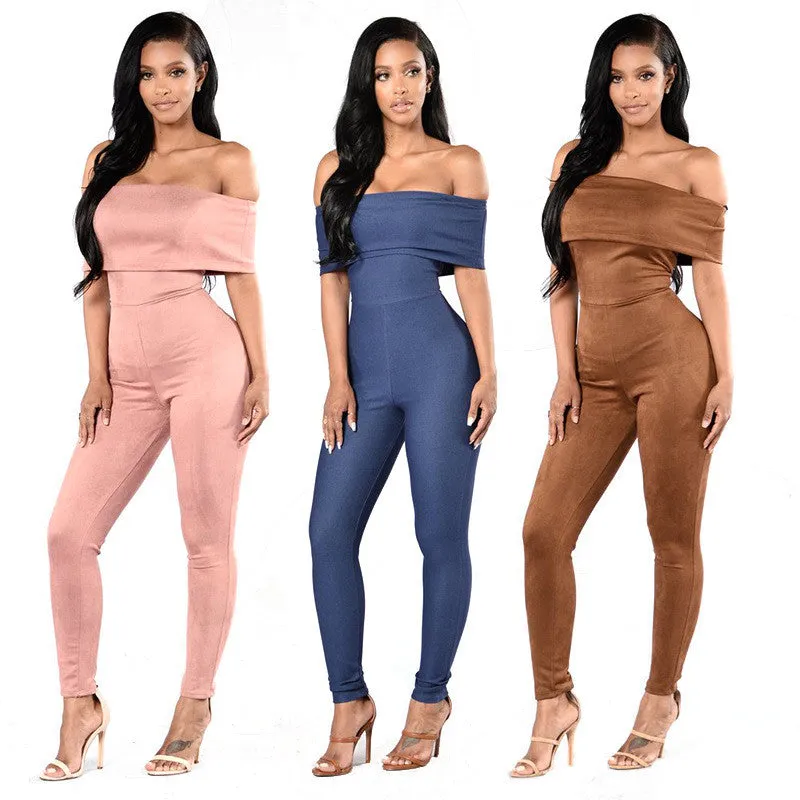 Candy Color Off Shoulder Short Sleeves Short Skinny Jumpsuit