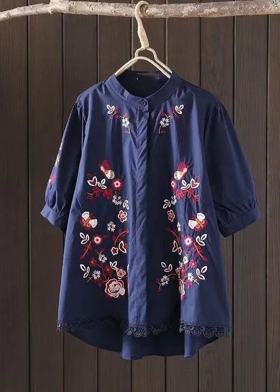 Casual Navy Embroidered Low High Design Cotton Blouse Top Summer AP008