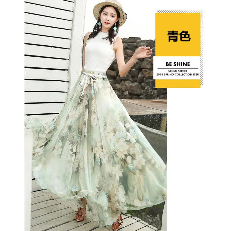 Chiffon Print High Waist Bohemian Long Swing Beach Skirt