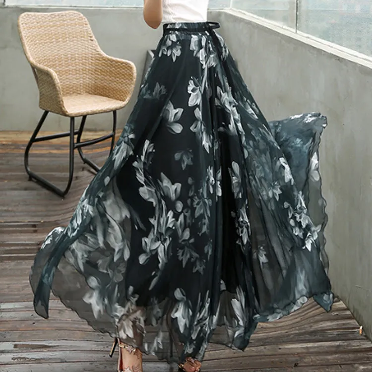 Chiffon Print High Waist Bohemian Long Swing Beach Skirt