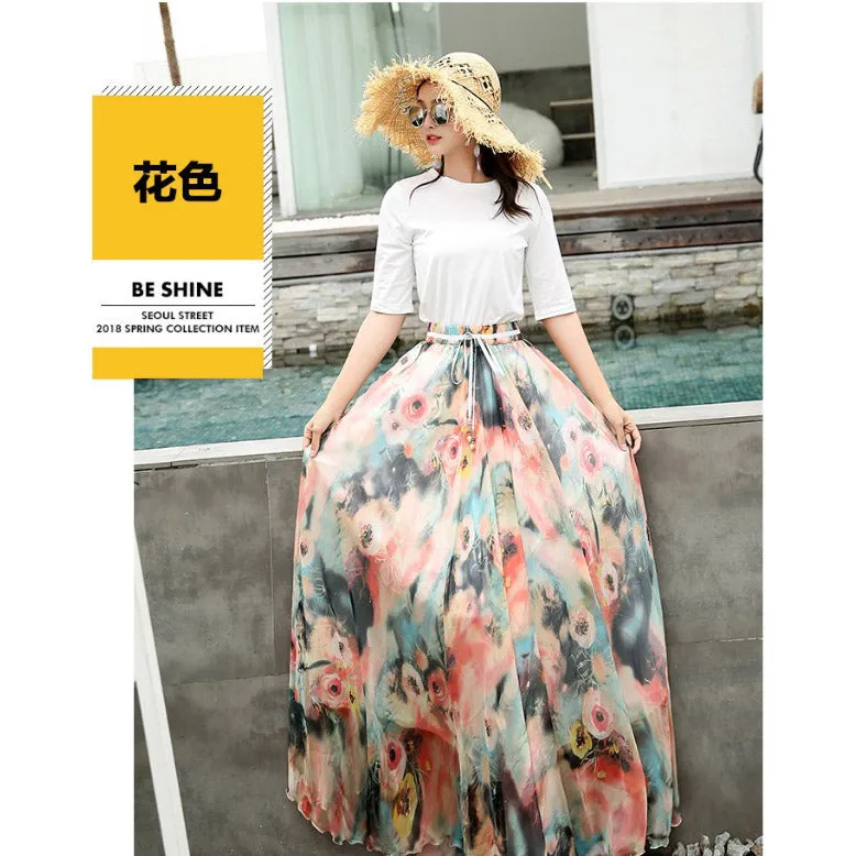 Chiffon Print High Waist Bohemian Long Swing Beach Skirt