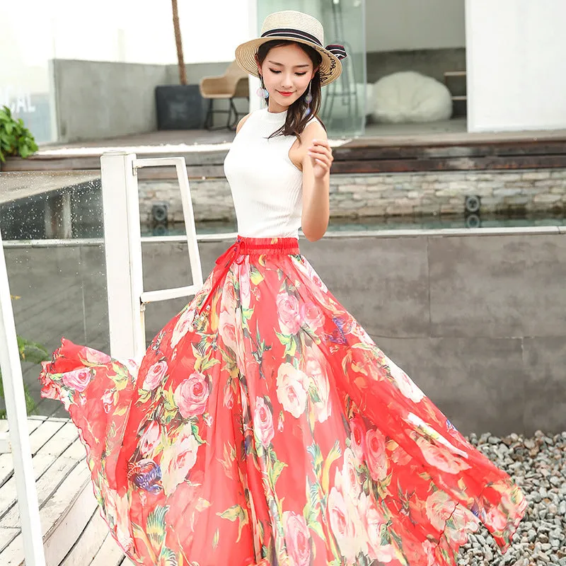 Chiffon Print High Waist Bohemian Long Swing Beach Skirt