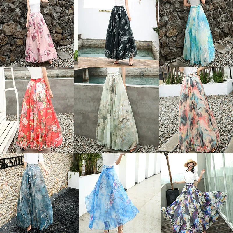 Chiffon Print High Waist Bohemian Long Swing Beach Skirt