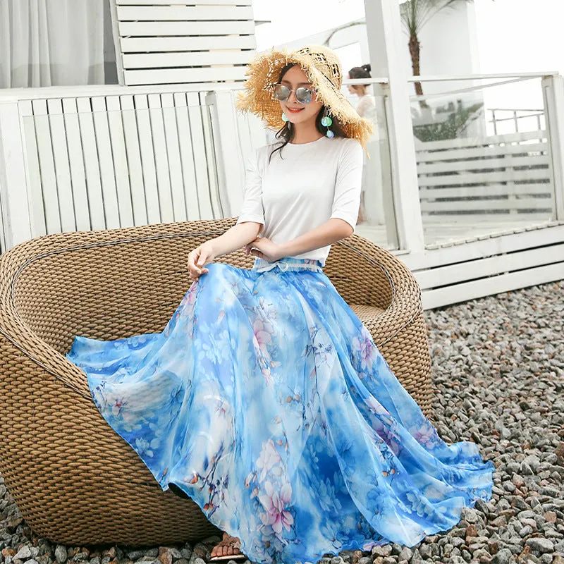 Chiffon Print High Waist Bohemian Long Swing Beach Skirt