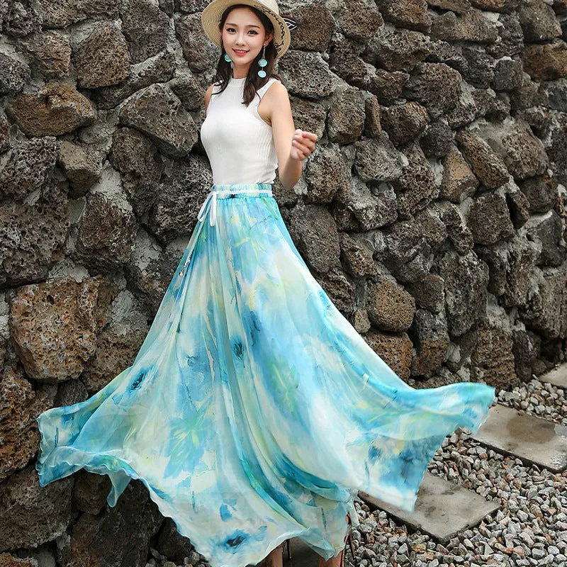 Chiffon Print High Waist Bohemian Long Swing Beach Skirt