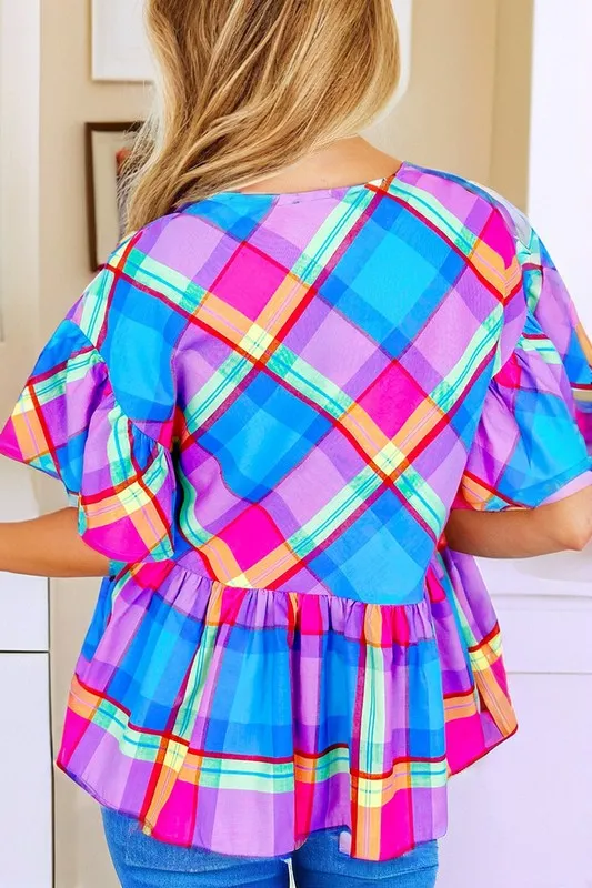 Colorful Plaid V Neck Ruffled  Sleeve Babydoll Top