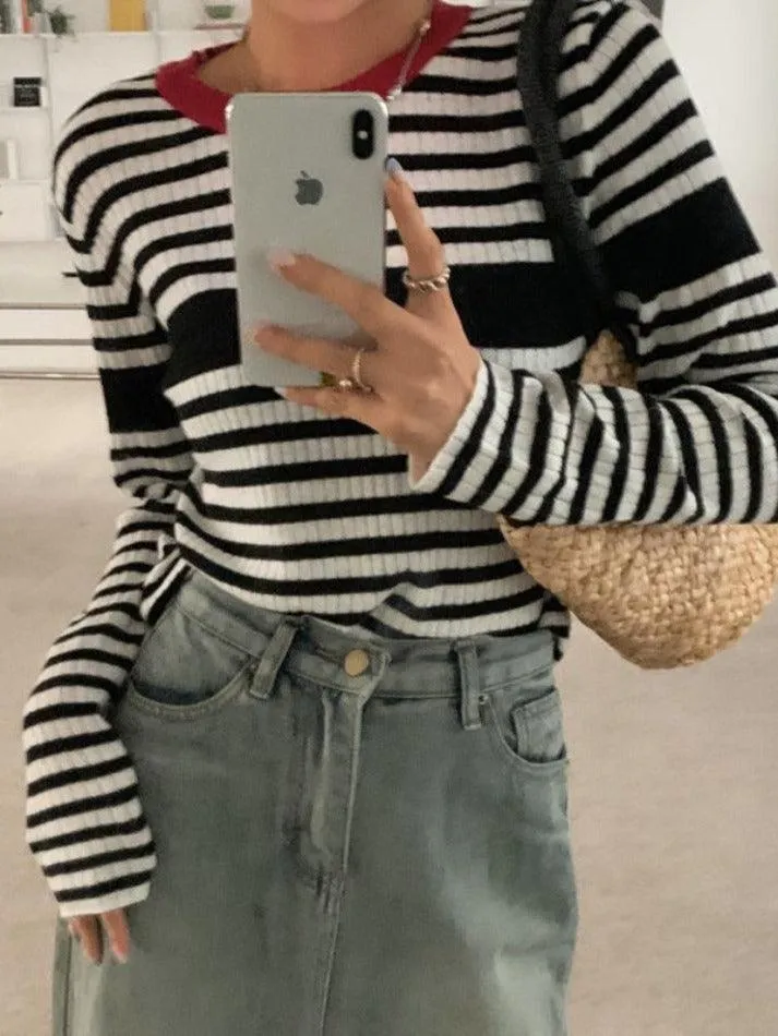 Contrast Color Stripe Slim Long Sleeve Knit