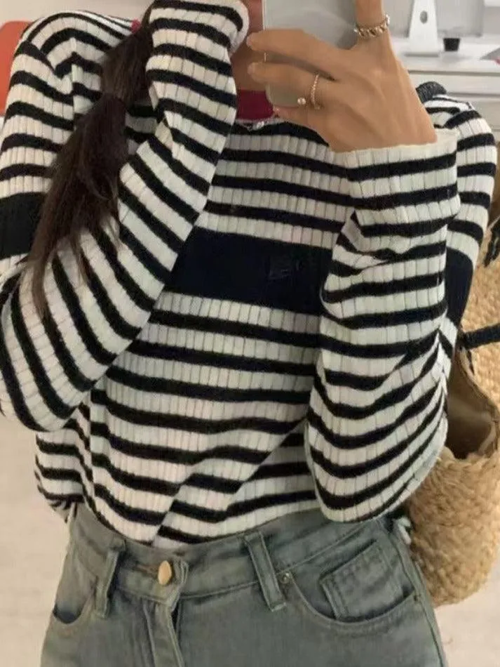 Contrast Color Stripe Slim Long Sleeve Knit