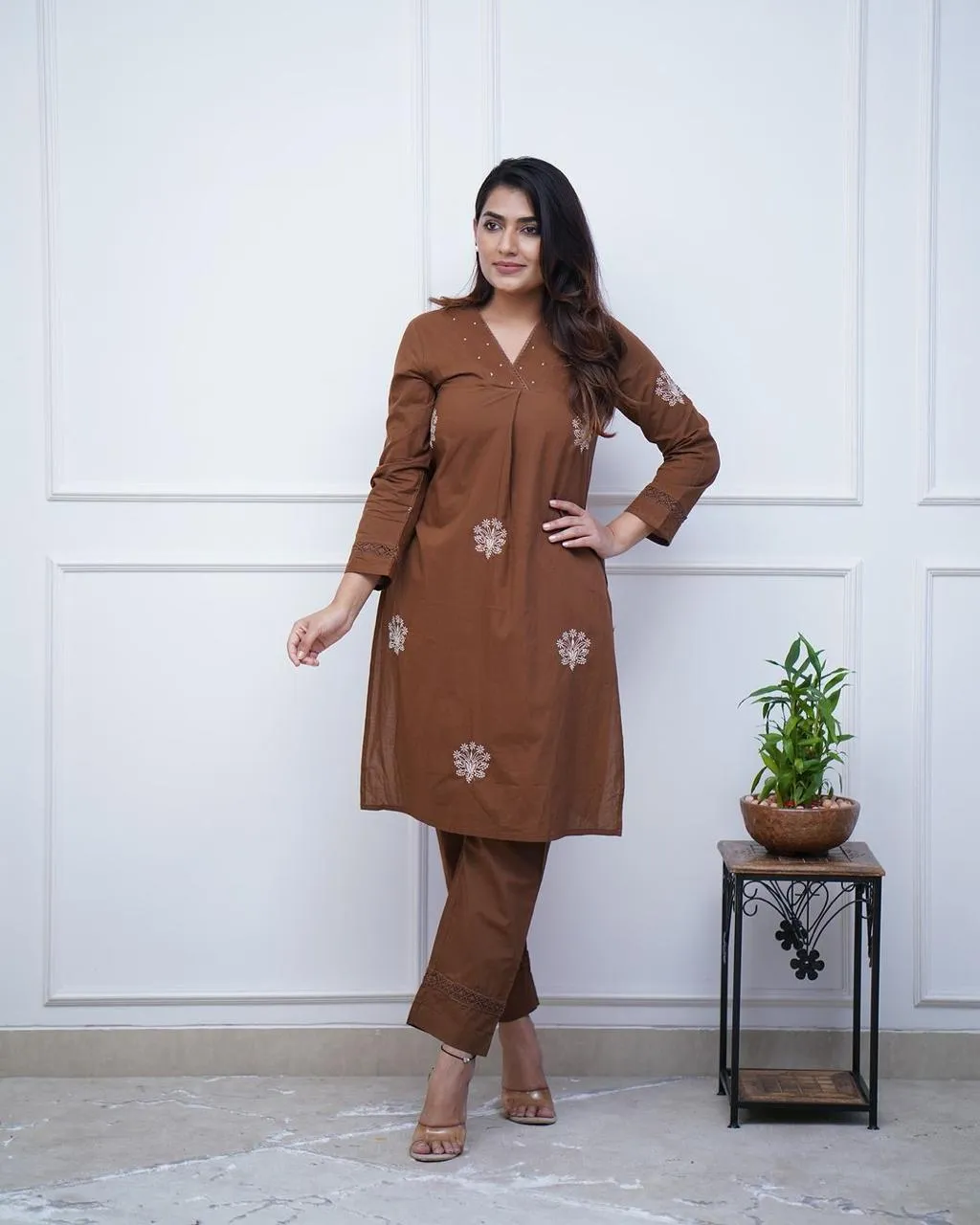 Cotton Kurti with Embroidery & Moti Lace Detailing | Lace Work Pant Set