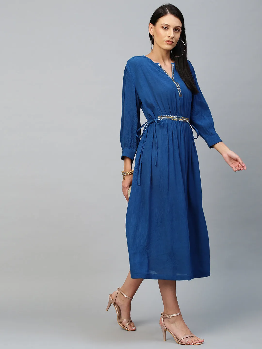 Crinkle Rayon Tunic Dress With Embroidery