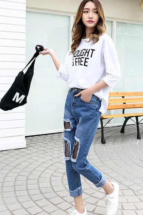 Curled Pure Color Holes Harem Slim Long Jeans