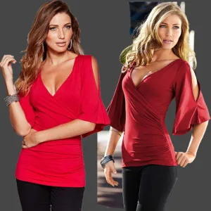 Cut Out Loose Half Sleeves V-neck Slim T-shirt